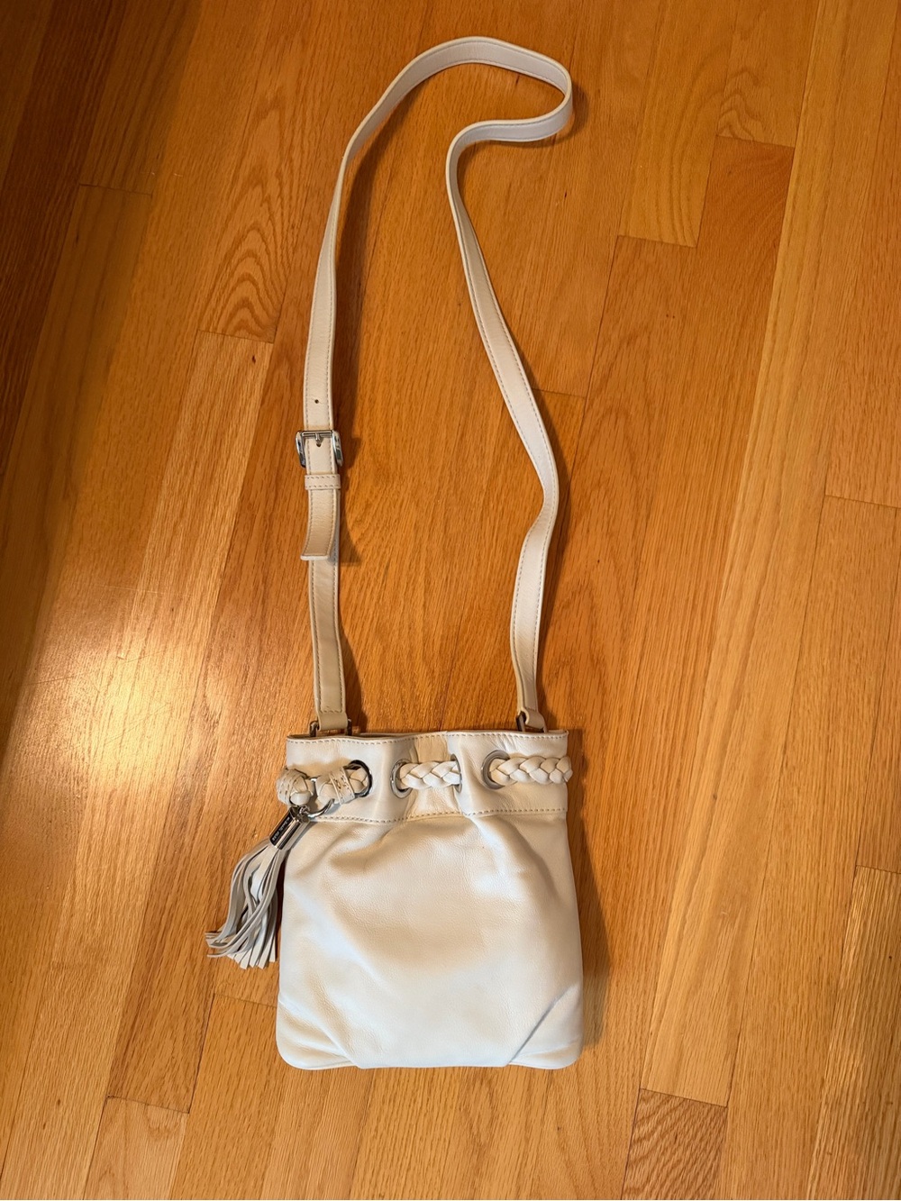 Michael Kors Cream Leather Crossbody Bag with Braided Trim and Tassel